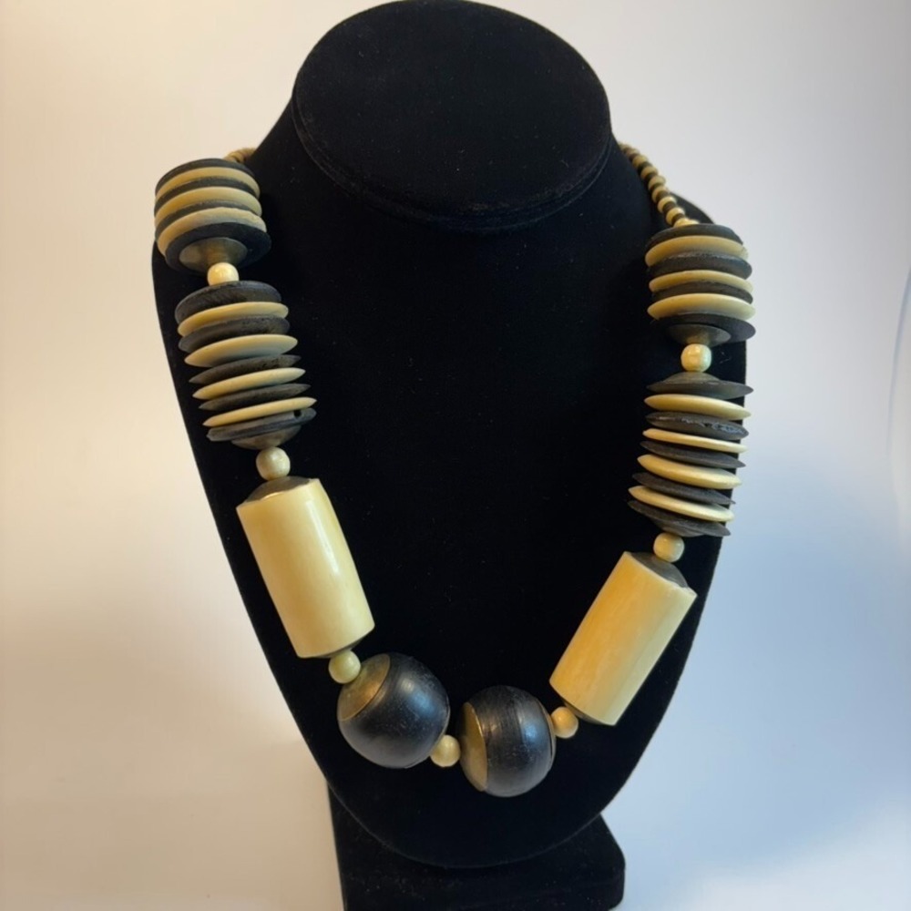 Vintage Necklace Wood Disc Beads Maximalist Boho for Stacking Chunky